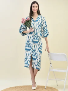 Women Liva Rayon Teal Ikat Print Dress
