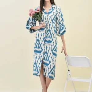 Women Liva Rayon Teal Ikat Print Dress