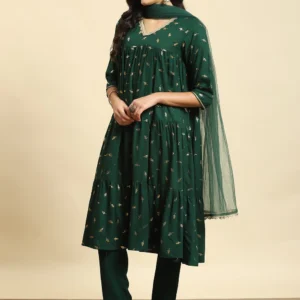 Women Green Floral Print Kurta Trouser Dupatta