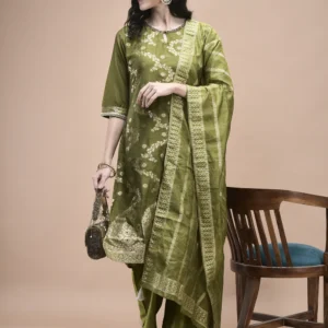 Women Jacquard Green Woven Kurta Comfort pant Dupatta