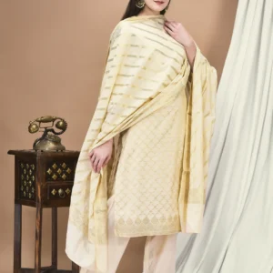 Women Cotton Jacquard Beige Woven Kurta Comfort Pant Dupatta