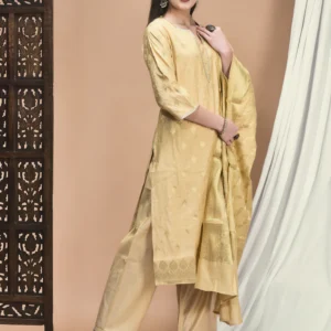 Women Jacquard Beige Woven Kurta Comfort Pant Dupatta