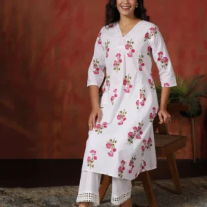 Women Cotton White Floral Print Co-Ord Set
