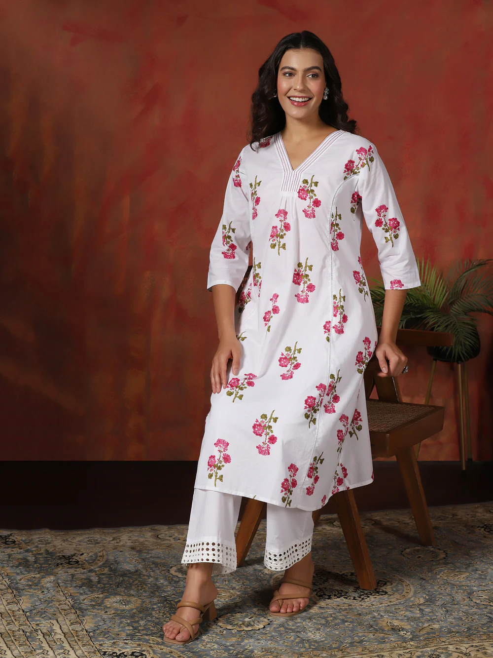 Women Cotton White Floral Print Co-Ord Set