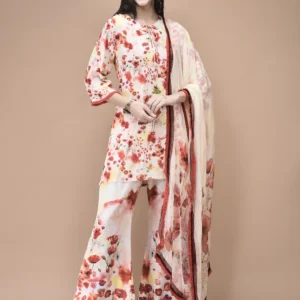 Women Liva Red and Lemon yellow Floral Print Kurta Bell Bottom pant Dupatta