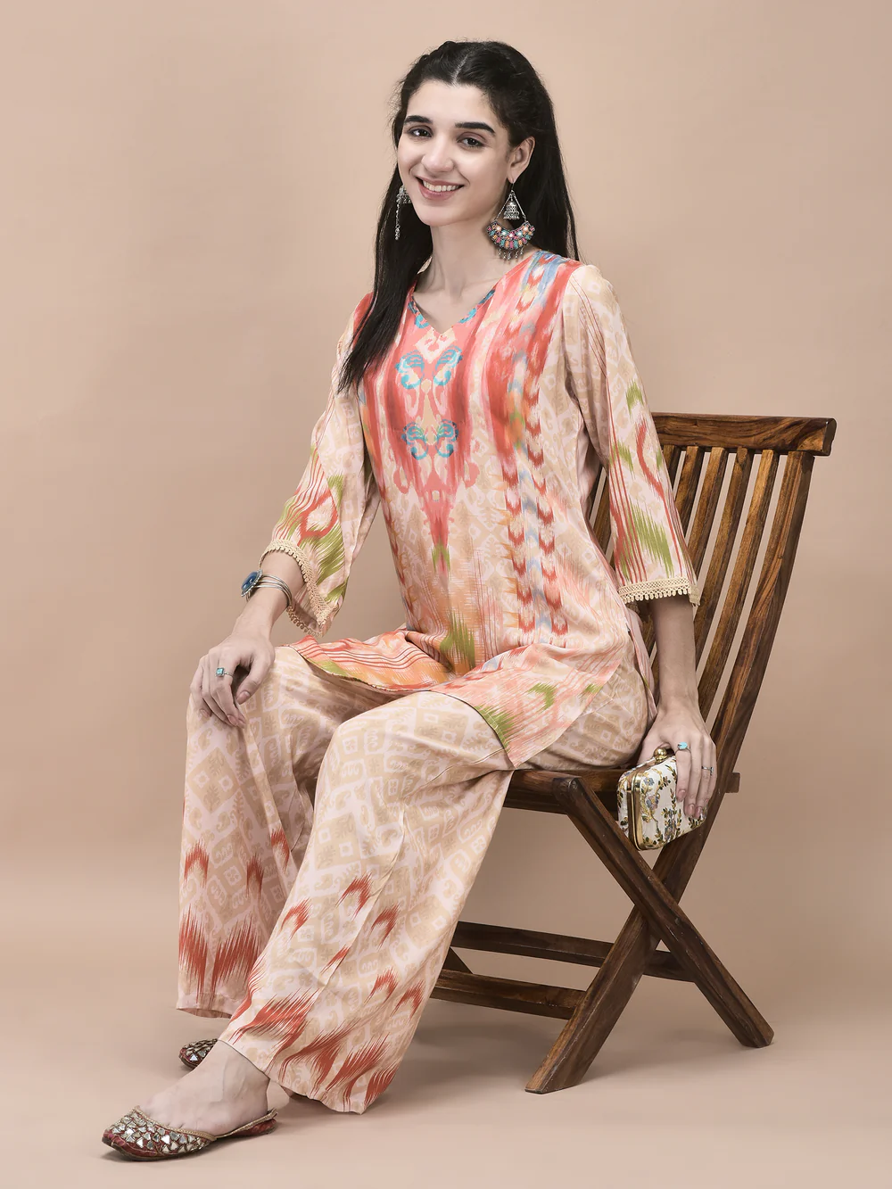 Women Liva Multicolor Ikat Print Co-Ord Set