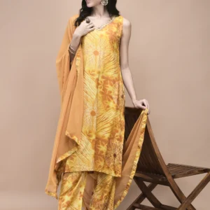 Women Liva Mustard Tie Dye Print embroidered Kurta Comfort Pant Dupatta