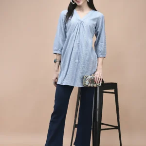 Women Cotton Blue Yarn Dyed Tunic