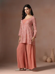 Women Georgette Pink Embroidered Crop Top Jacket Split Pant
