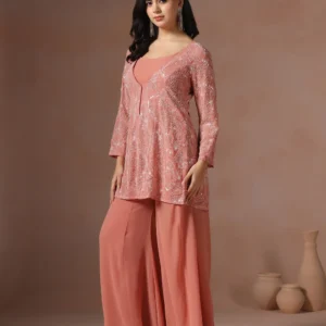 Women Georgette Pink Embroidered Crop Top Jacket Split Pant