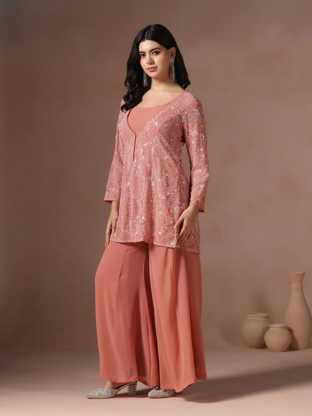 Women Georgette Pink Embroidered Crop Top Jacket Split Pant