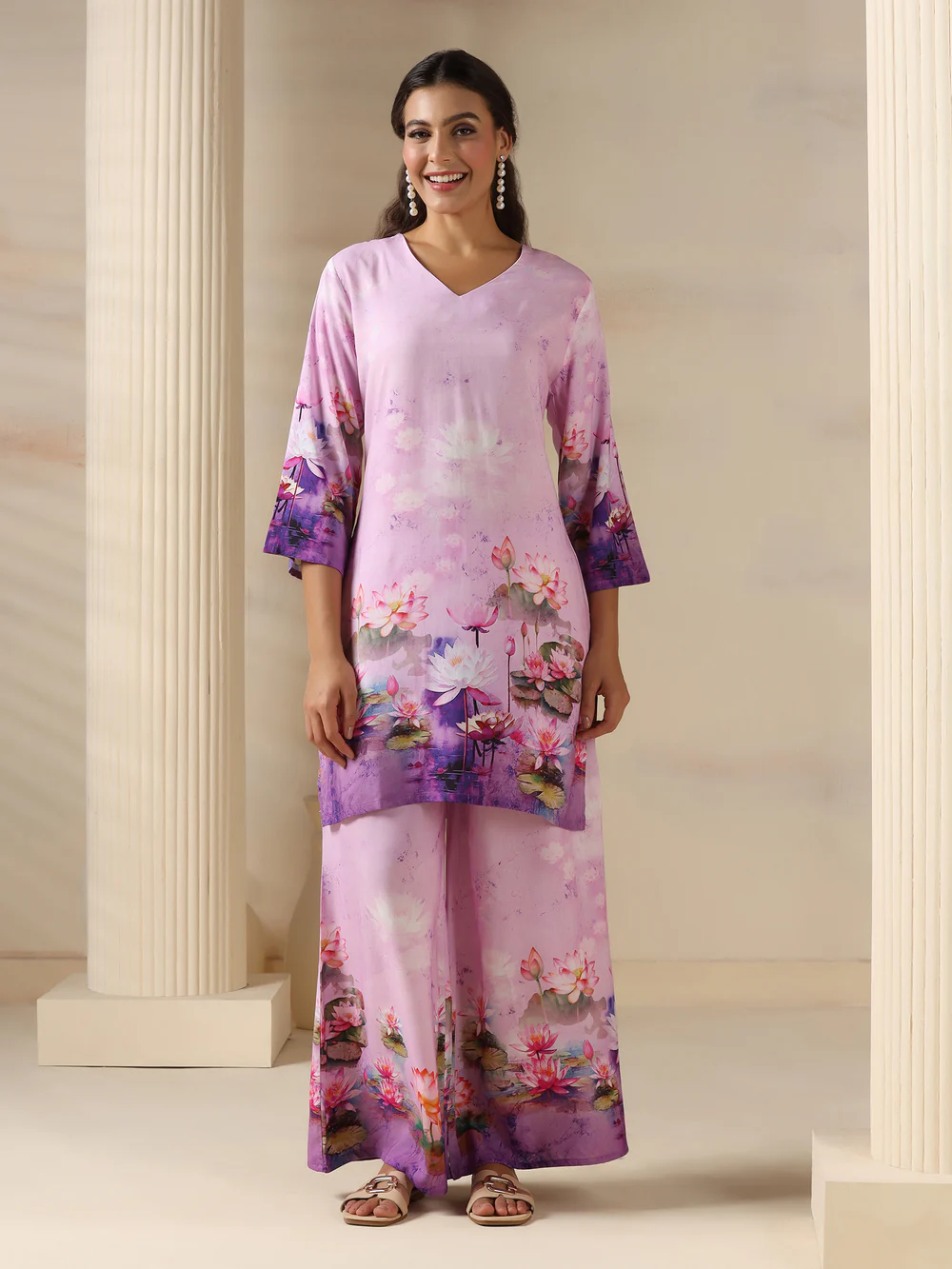 Women Liva Lilac Floral Print Co-Ord Set