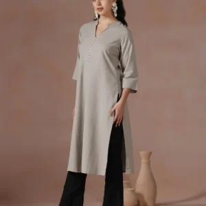 Women Cotton Beige Solid Kurta