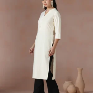 Women Cotton Off White Solid Kurta