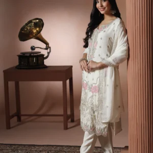 Women Viscose Organza White Embroidered Kurta Comfort Pant Dupatta