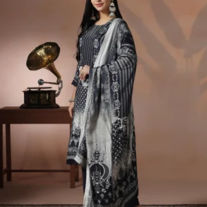Women Viscose Muslin Blue Printed Kurta Comfort Pant Dupatta
