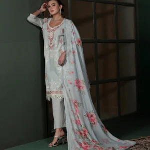 Women Cotton Grey Embroidered Kurta Comfort Pant Dupatta